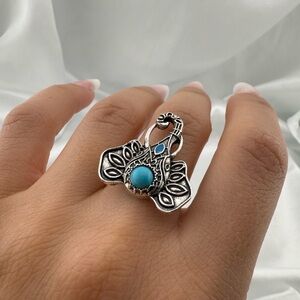 Boho Silver Elephant Ring with Blue Accents